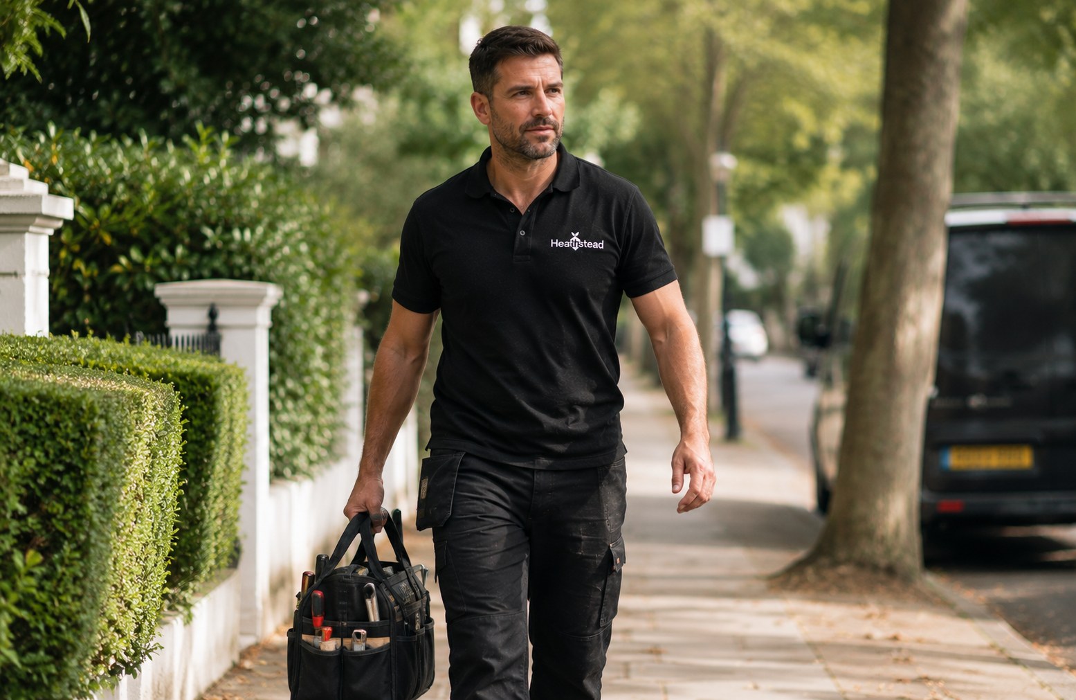 Heathstead engineer walking to a property